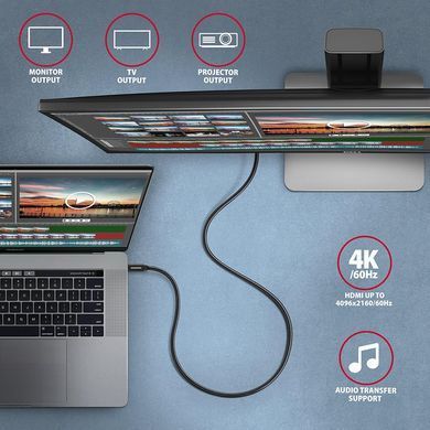 Кабель AXAGON USB-C-USB-C 3.2 Gen 2, 1m, PD 100W, 5A, 4K HD,Чорний (BUCM32-CM10AB) [503005]