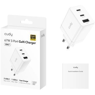 Зарядний пристрій 3xUSB 67W, (GaN, 1хUSB-C, QC+PD 3.0, вилка ЄС, для iPhone 12), Cudy (CH67_EU) [405494]