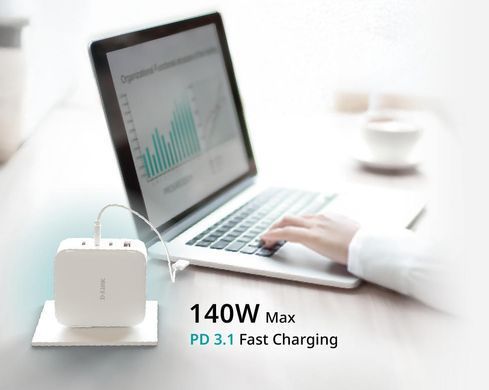 Зарядний пристрій мережевий D-Link 140Вт GaN 3хUSB-С, 1xUSB-A, білий (DCF-141) [111310]