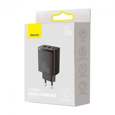 Мережевий зарядний пристрій Baseus Compact Quick Charger 30W QC+ PD (1Type-C + 2USB) Black (CCXJ-E01) [622033]