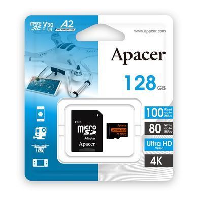 Карта пам'яті Apacer microSD 128GB C10 UHS-I U3 A2 R100/W80MB/s + SD (AP128GMCSX10U8-R) [112477]