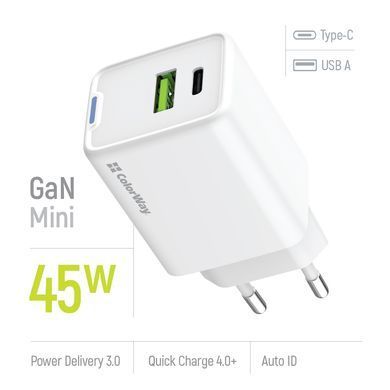 Мережевий зарядний пристрій ColorWay GaN Mini 45W PD Port PPS USB (Type-C PD + USB QC4.0) White (CW-CHS060PD-WT) [603382]