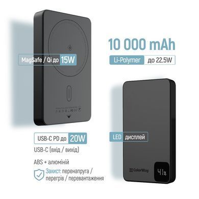 Універсальна мобільна батарея ColorWay 15W MagSafe 10000mAh Black (CW-PB100LPA1BK-WPDD) [617923]