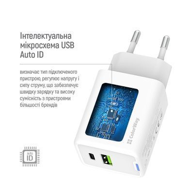 Мережевий зарядний пристрій ColorWay GaN Mini 45W PD Port PPS USB (Type-C PD + USB QC4.0) White (CW-CHS060PD-WT) [603382]