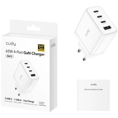 Зарядний пристрій 4xUSB 70W, (GaN, 1хUSB-C, QC+PD 3.0, вилка ЄС, для iPhone 12), Cudy (CH70_EU) [405495]