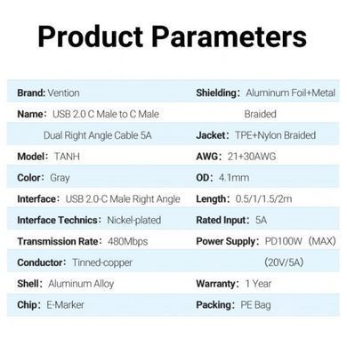 Кабель Vention USB Type-C - USB Type-C (M/M), 1.5 м, Grey (TANHG) [604435]