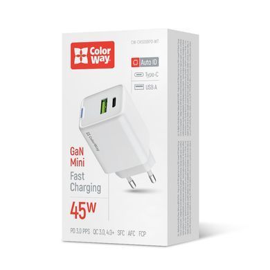 Мережевий зарядний пристрій ColorWay GaN Mini 45W PD Port PPS USB (Type-C PD + USB QC4.0) White (CW-CHS060PD-WT) [603382]