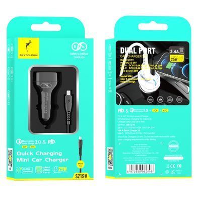 Автомобільний зарядний пристрій SkyDolphin SZ19V PD 20W + QC3.0 20W Black + кабель microUSB (AZP-000105) [603183]