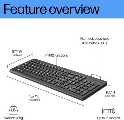 Клавіатура мембранна HP 220, 104key, WL, EN/UK, чорний (805T2AA) [103645]