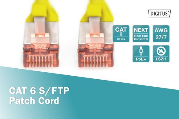 Патч-корд DIGITUS CAT 6 S-FTP, 1м, AWG 27/7, LSZH, жовтий (DK-1644-010/Y) [110324]