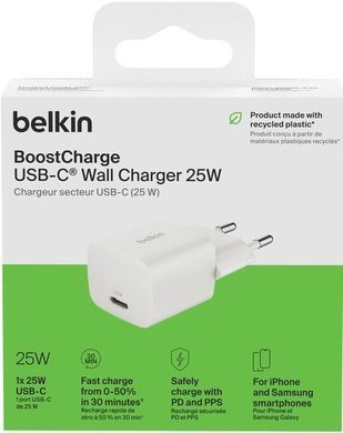 Зарядний пристрій мережевий Belkin 25Вт USB-С PD PPS, білий (WCA012KQWH) [111697]