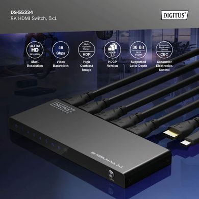 Відеокомутатор DIGITUS UHD HDMI (INx5 - OUTx1), 8K (DS-55334) [113220]