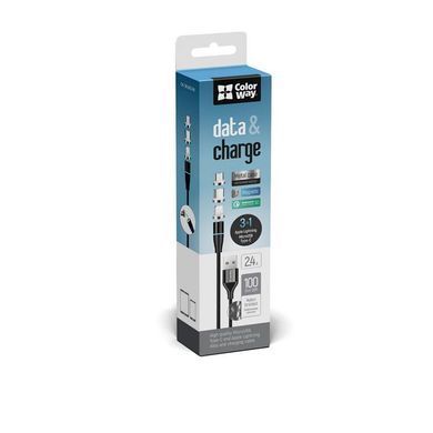 Кабель ColorWay USB - Lightning + micro USB + USB Type-C (M/M), Magnetic Data/Quick Charge, 2.4 А, 1 м, Black (CW-CBUU038-BK) [612355]