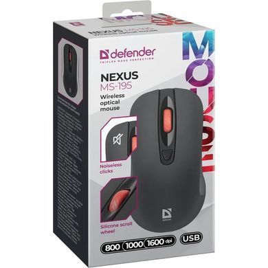Мишка Defender Nexus MS-195 бездротова, 4 кн. до 1600 dpi, безшумна, чорна (52195) [403145]