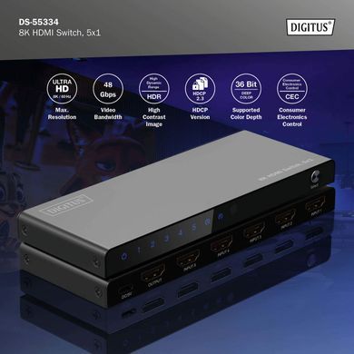Відеокомутатор DIGITUS UHD HDMI (INx5 - OUTx1), 8K (DS-55334) [113220]