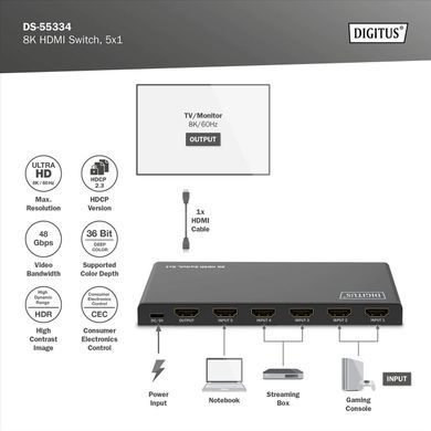 Відеокомутатор DIGITUS UHD HDMI (INx5 - OUTx1), 8K (DS-55334) [113220]