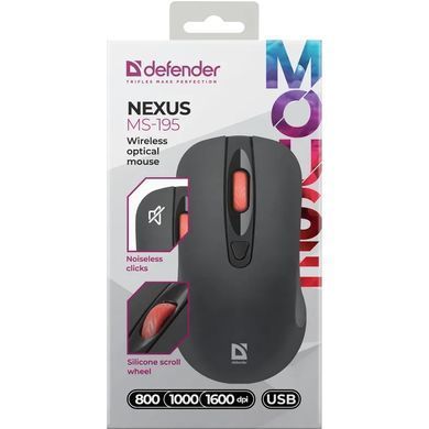 Мишка Defender Nexus MS-195 бездротова, 4 кн. до 1600 dpi, безшумна, чорна (52195) [403145]
