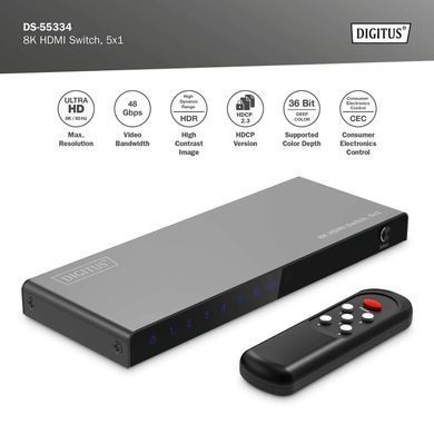 Відеокомутатор DIGITUS UHD HDMI (INx5 - OUTx1), 8K (DS-55334) [113220]