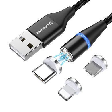 Кабель ColorWay USB - Lightning + micro USB + USB Type-C (M/M), Magnetic Data/Quick Charge, 2.4 А, 1 м, Black (CW-CBUU038-BK) [612355]
