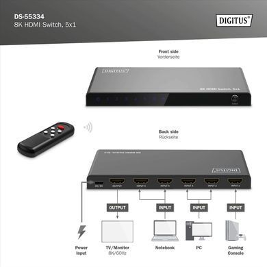 Відеокомутатор DIGITUS UHD HDMI (INx5 - OUTx1), 8K (DS-55334) [113220]