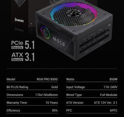Блок живлення GAMEMAX (RGB PRO 850G) [304297]