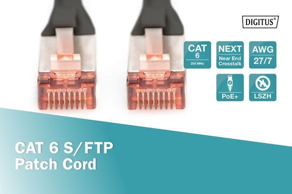 Патч-корд DIGITUS CAT 6 S-FTP, 10м, AWG 27/7, LSZH, чорний (DK-1644-100/BL) [109881]