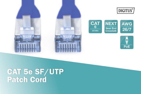 Патч-корд CAT 5e SF-UTP, Cu, PVC AWG 26/7, довжина 5 м, колір синій DIGITUS by ASSMANN (DK-1531-050/B) [501763]