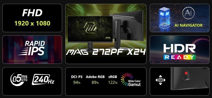 Монітор MSI 27" MAG 272PF-X24 2xHDMI, DP, MM, IPS, 240Hz, 0.5ms, sRGB 122%, AdaptiveSync, Pivot (9S6-3CE59T-020) [113232]