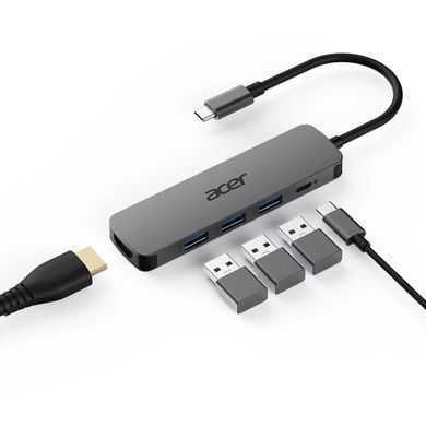 Хаб Acer 5in1 USB-С > 3xUSB-A3.0/HDMI/USB-C, 0.15м, сірий (HP.DSCAB.021) [112433]