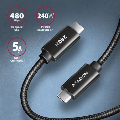 Кабель AXAGON USB-C-USB-C 2.0, 2м, PD 240W 5A, Чорний (BUCM2-CM20AB) [503008]