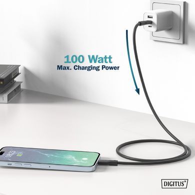 Кабель DIGITUS USB-C заряджання/синхронізації, USB 3.2 Gen 2, 10G, 100W, 4K, силіконовий, 1м, чорний (AK-300342-010-S) [108609]