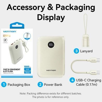 УМБ Vention 10000mAh 22,5W Fast Charging, USB-A, 2xUSB-C Beige (FKAN0-C) [404535]