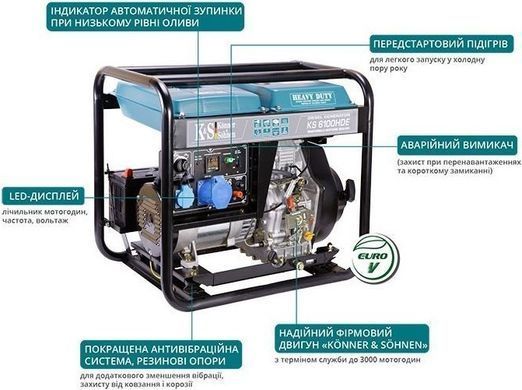 Генератор дизельний Konner&Sohnen KS 6100HDE (EURO V), 230В, 5.5/5.0кВт, електростартер, передстартовий підігрів, 107кг (KS6100HDE) [112773]