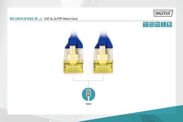 Патч-корд DIGITUS CAT 6a S-FTP, 1м, AWG 26/7, Cu, LSZH, синій (DK-1644-A-010/B) [109882]