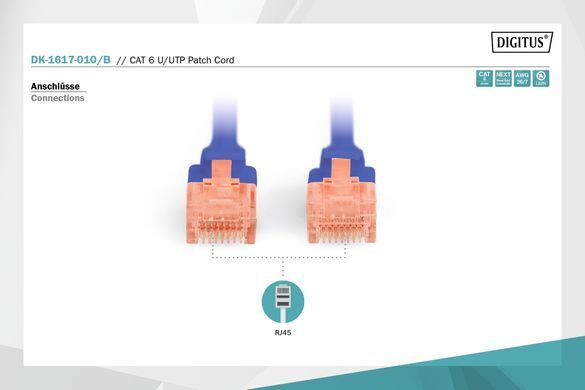 Патч-корд DIGITUS CAT 6 UTP, 1м, AWG 26/7, Cu, LSZH, синій (DK-1617-010/B) [109969]