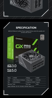 Блок живлення GAMEMAX (GX-1250 PRO BK (ATX3.0PCIe5.0)) [304671]
