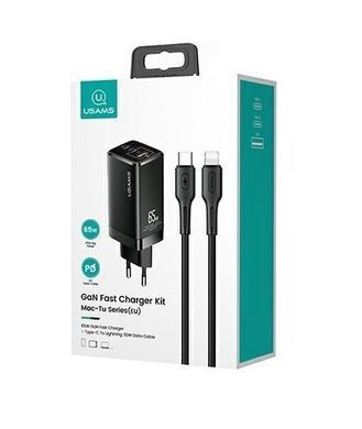 Мережевий зарядний пристрій Usams US-CC110 (1USB, 2USB Type-C) 65W PD + QC3.0 Black + кабель USB-C - Lightning (MTXLOGTL01) [614592]
