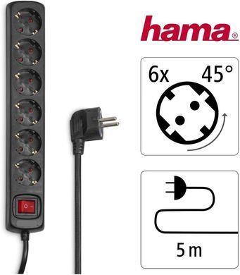 Подовжувач мережевий Hama 5м, 6хТип, 16А, фільтр, чорний (00137266) [112486]