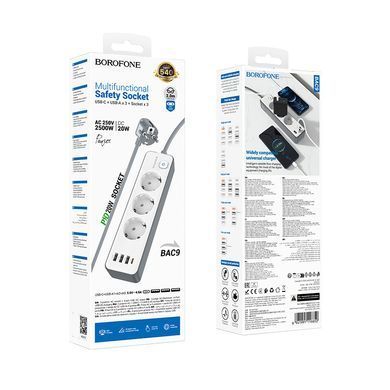 Мережевий подовжувач BOROFONE BAC9 Power 3-position socket(PD20W/1C3A)(EU/GER)(L=2M) White (6941991116650) [802786]