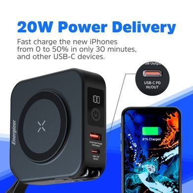 УМБ Energizer Magnetic Wireless 10000mAh 20W PD,AC зарядка,QI-15W, built-in USB-C,USB-А,USB-C In/Out (QM10001AC) [404666]