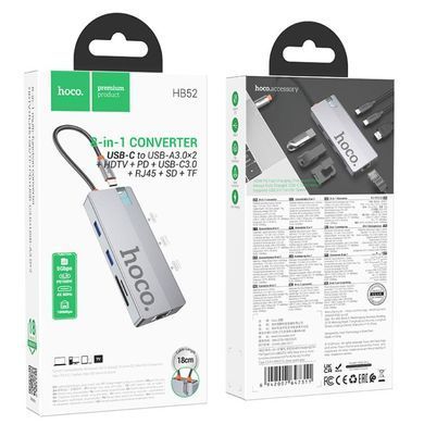 USB-хаб HOCO HB52 Wow 8-in-1 multi-function converter (HDTV+RJ45+SD/TF+PD+Type-C3.0+USB3.0*2) Deep Space Gray (6942007647311) [803286]