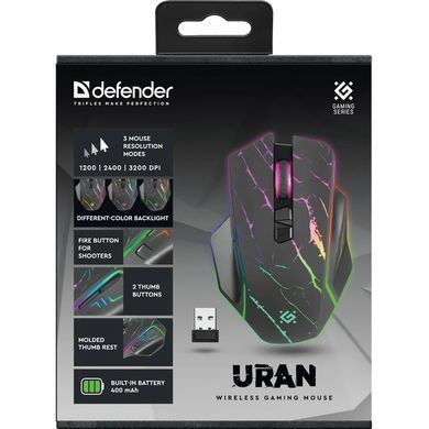 Мишка Defender Uran GM-503, бездротова, ігрова, 3200 dpi., 8кн., 400mAh, LED, чорна (52503) [403147]