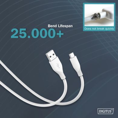 Кабель DIGITUS USB-A > USB-C заряджання/синхронізації, USB 2.0, 60W, силіконовий, 1м, білий (AK-300340-010-W) [108613]