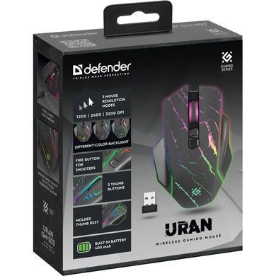Мишка Defender Uran GM-503, бездротова, ігрова, 3200 dpi., 8кн., 400mAh, LED, чорна (52503) [403147]