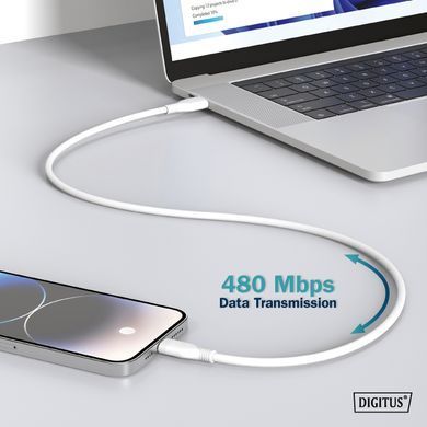 Кабель DIGITUS USB-A > USB-C заряджання/синхронізації, USB 2.0, 60W, силіконовий, 1м, білий (AK-300340-010-W) [108613]