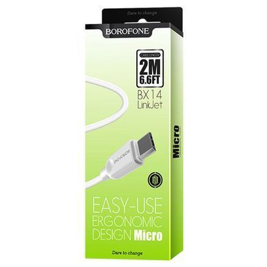 Кабель BOROFONE BX14 USB to Micro 2.4A, 2m, PVC, TPE connectors, White (6957531090014) [805490]