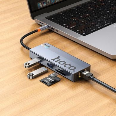USB-хаб HOCO HB52 Wow 8-in-1 multi-function converter (HDTV+RJ45+SD/TF+PD+Type-C3.0+USB3.0*2) Deep Space Gray (6942007647311) [803286]
