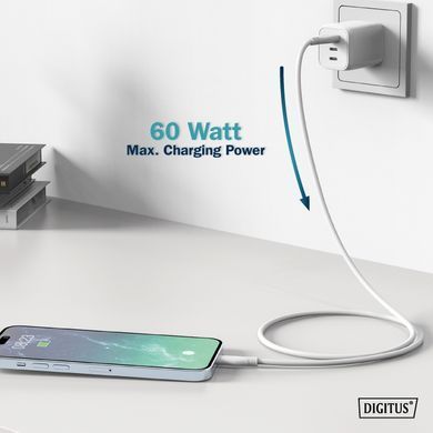 Кабель DIGITUS USB-A > USB-C заряджання/синхронізації, USB 2.0, 60W, силіконовий, 1м, білий (AK-300340-010-W) [108613]