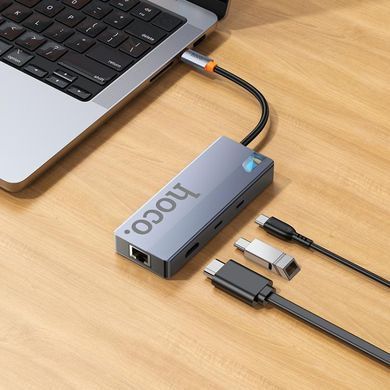 USB-хаб HOCO HB52 Wow 8-in-1 multi-function converter (HDTV+RJ45+SD/TF+PD+Type-C3.0+USB3.0*2) Deep Space Gray (6942007647311) [803286]