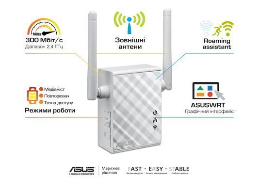 Розширювач покриття WiFi ASUS RP-N12 N300 1хFE LAN (90IG01X0-BO2100) [113751]